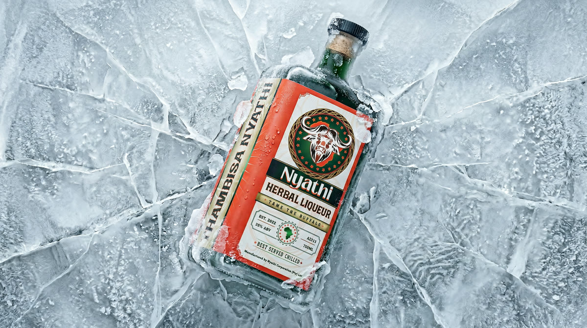 Nyathi Herbal Liqueur bottle frozen in ice