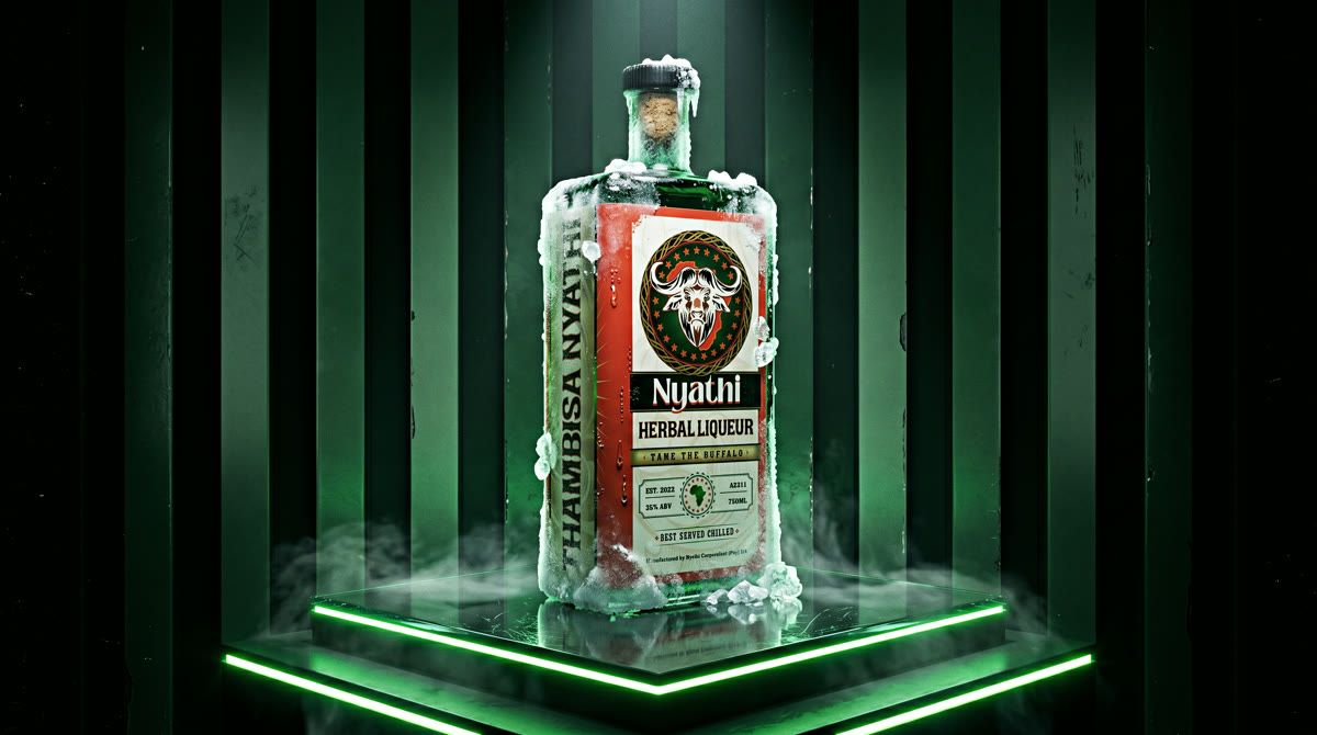 Nyathi Herbal Liqueur neon pedestal shot